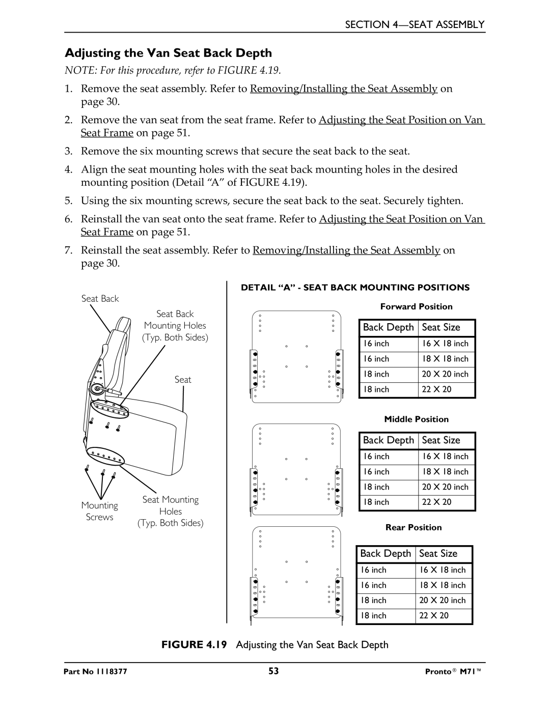 Invacare M71 service manual Adjusting the Van Seat Back Depth, Back Depth Seat Size 