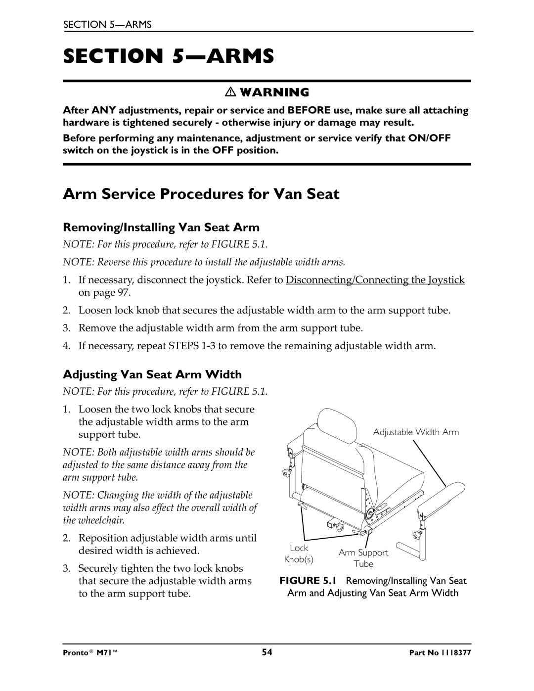 Invacare M71 Arms, Arm Service Procedures for Van Seat, Removing/Installing Van Seat Arm, Adjusting Van Seat Arm Width 