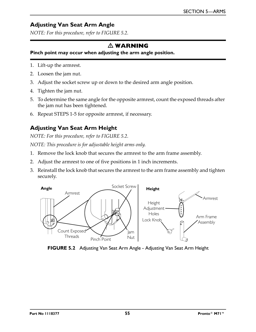 Invacare M71 service manual Adjusting Van Seat Arm Angle, Adjusting Van Seat Arm Height 