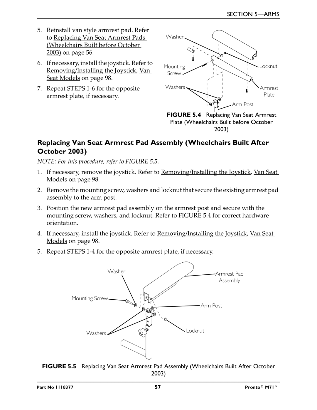 Invacare M71 service manual Mounting Screw Arm Post Washers Locknut 