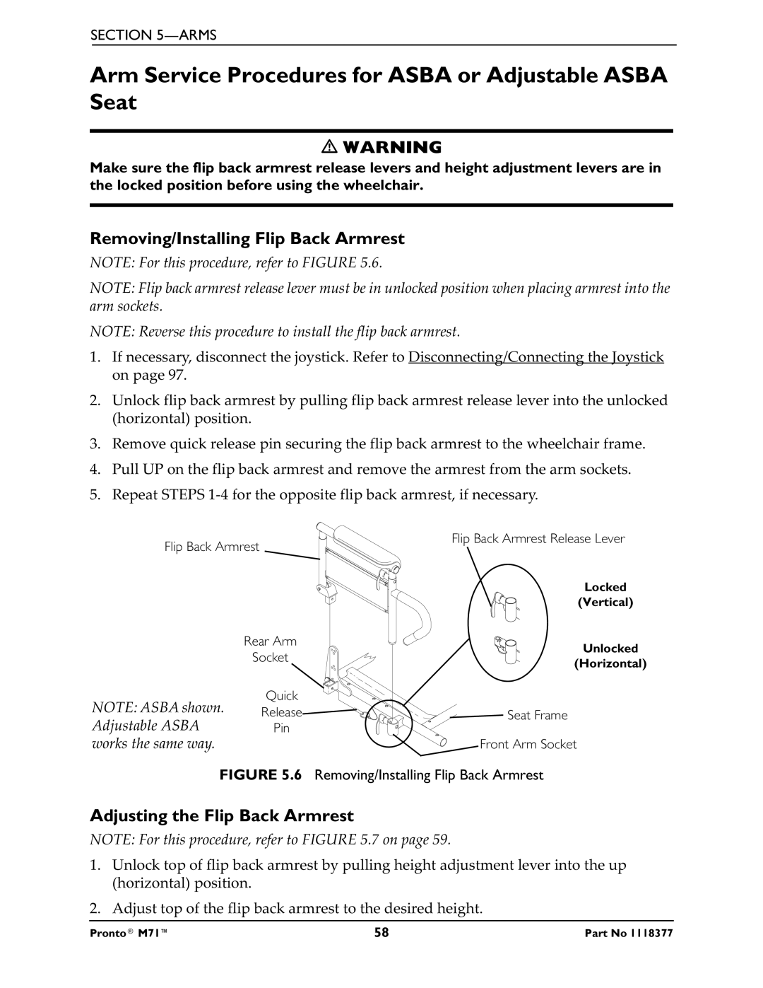 Invacare M71 service manual Arm Service Procedures for Asba or Adjustable Asba Seat, Removing/Installing Flip Back Armrest 