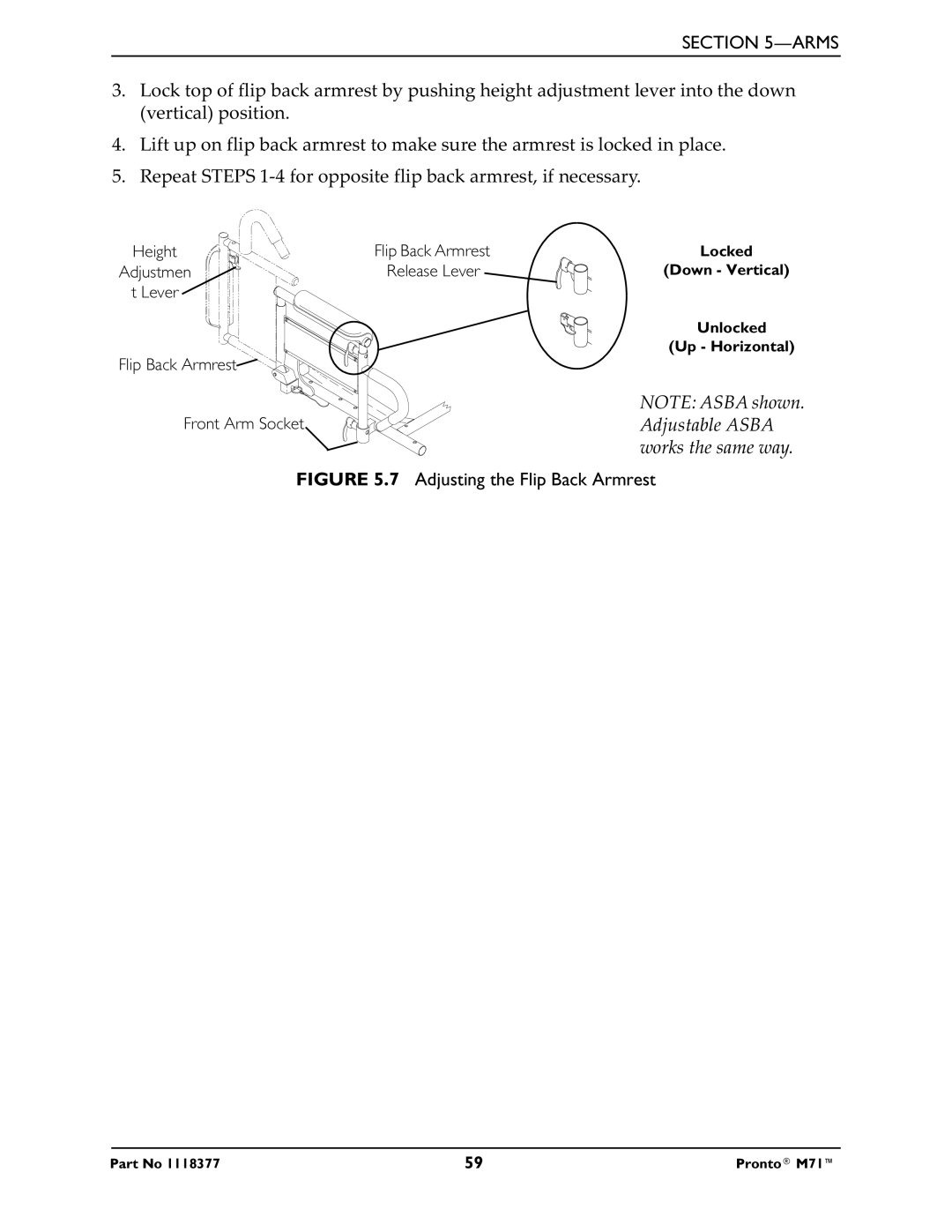 Invacare M71 service manual Adjusting the Flip Back Armrest 