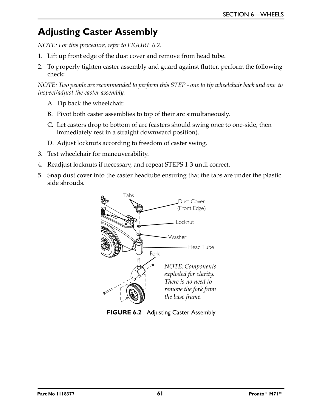 Invacare M71 service manual Adjusting Caster Assembly 