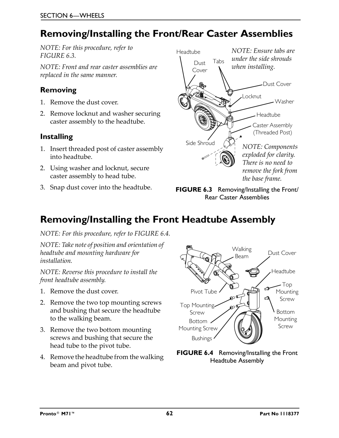 Invacare M71 Removing/Installing the Front/Rear Caster Assemblies, Removing/Installing the Front Headtube Assembly 