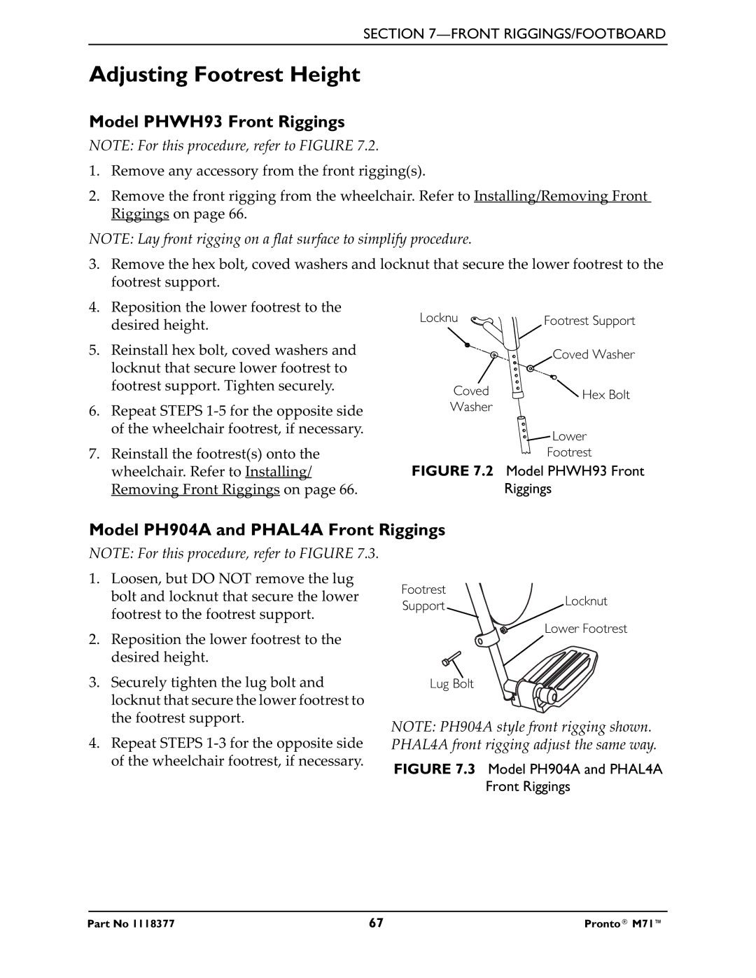 Invacare M71 service manual Adjusting Footrest Height, Model PHWH93 Front Riggings, Model PH904A and PHAL4A Front Riggings 