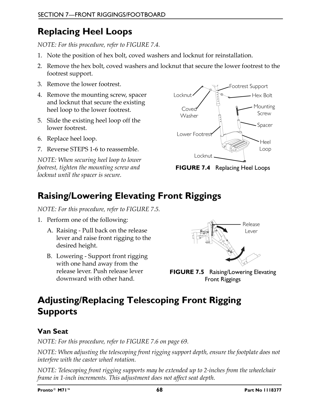 Invacare M71 service manual Replacing Heel Loops, Raising/Lowering Elevating Front Riggings, Van Seat 