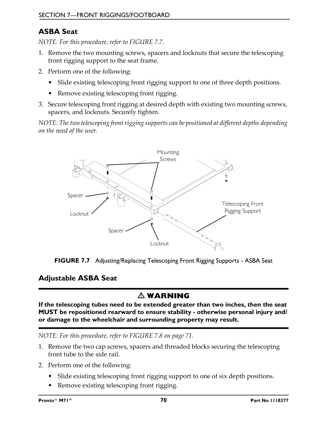 Invacare M71 service manual Adjustable Asba Seat 