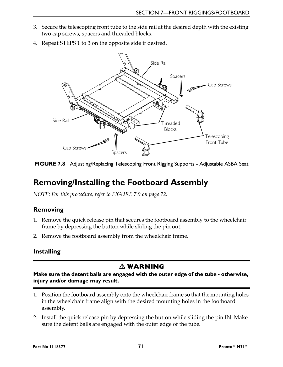 Invacare M71 service manual Removing/Installing the Footboard Assembly 