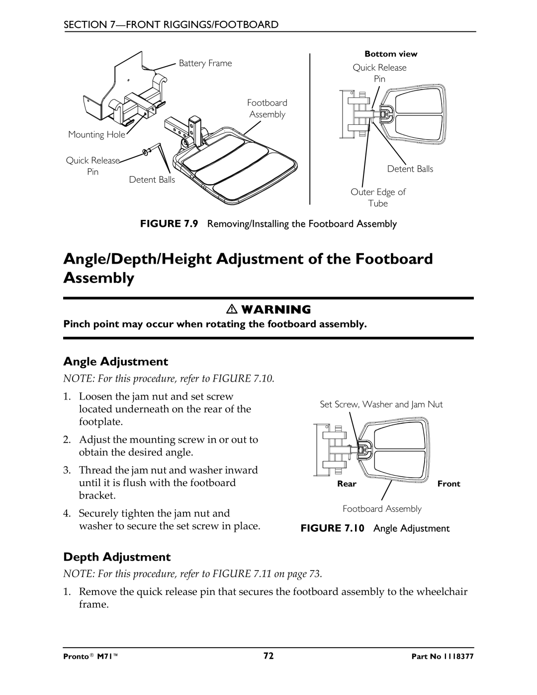 Invacare M71 service manual Angle/Depth/Height Adjustment of the Footboard Assembly, Angle Adjustment, Depth Adjustment 