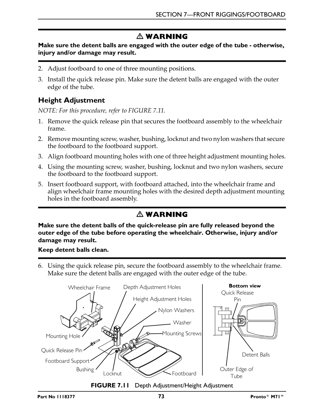 Invacare M71 service manual Depth Adjustment/Height Adjustment 