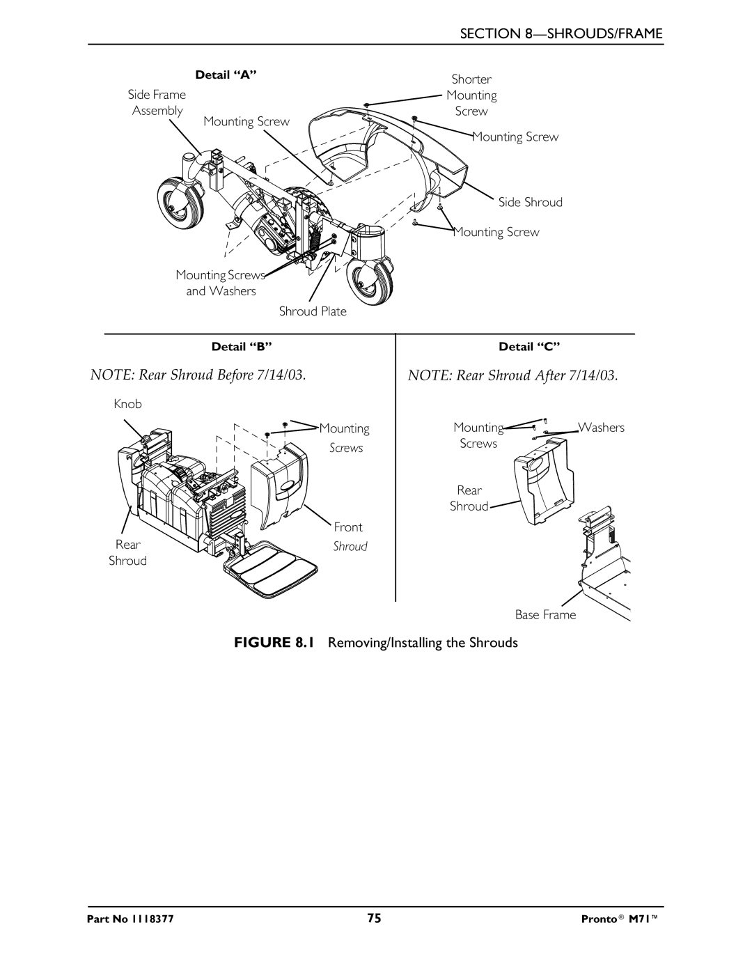 Invacare M71 service manual Removing/Installing the Shrouds 