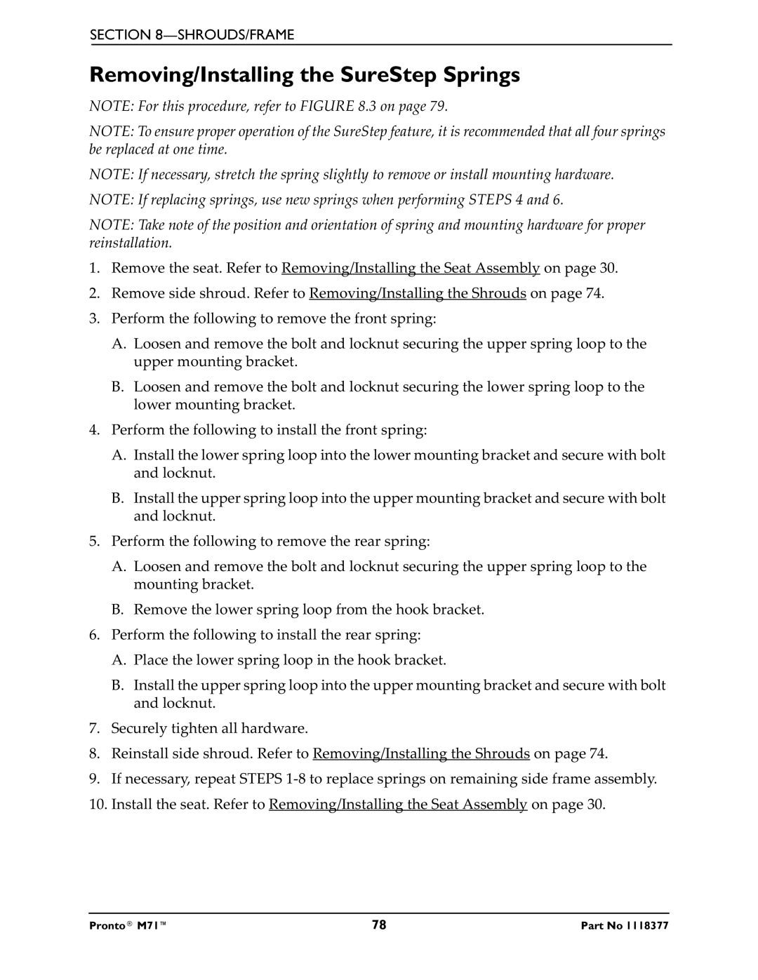 Invacare M71 service manual Removing/Installing the SureStep Springs 