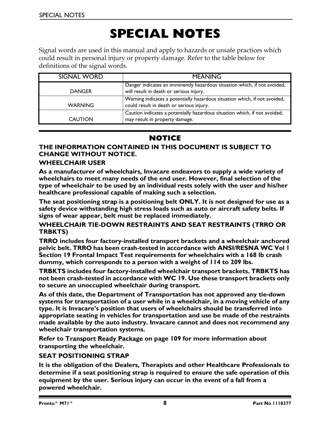 Invacare M71 service manual Special Notes, Signal Word Meaning, Seat Positioning Strap 