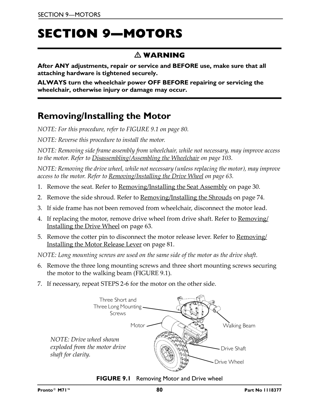 Invacare M71 service manual Motors, Removing/Installing the Motor 