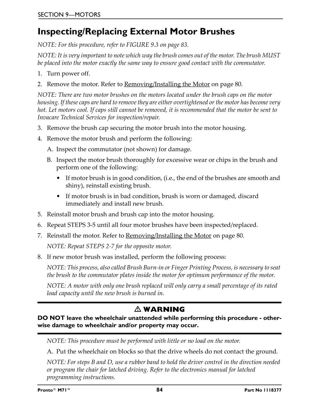 Invacare M71 service manual Inspecting/Replacing External Motor Brushes 