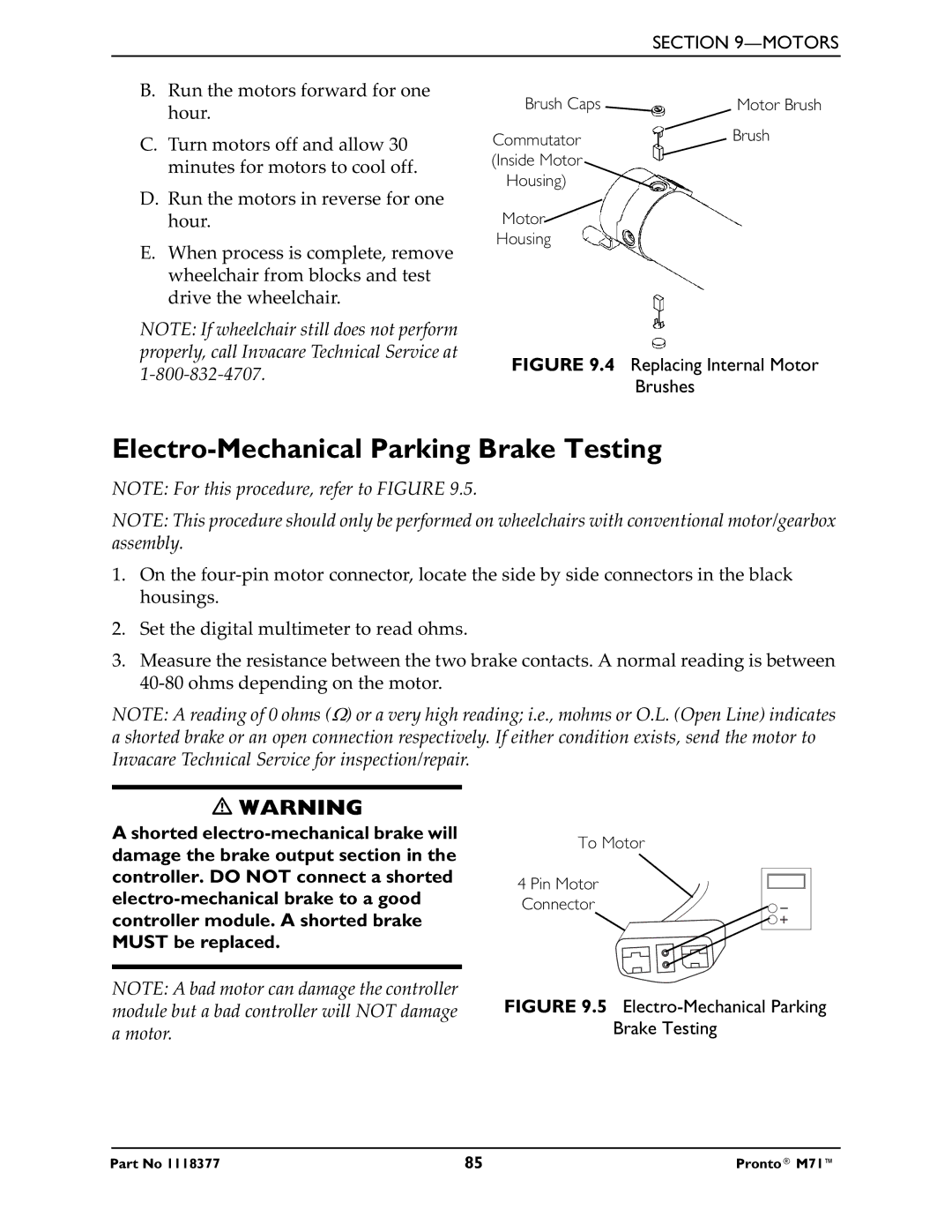 Invacare M71 service manual Electro-Mechanical Parking Brake Testing 