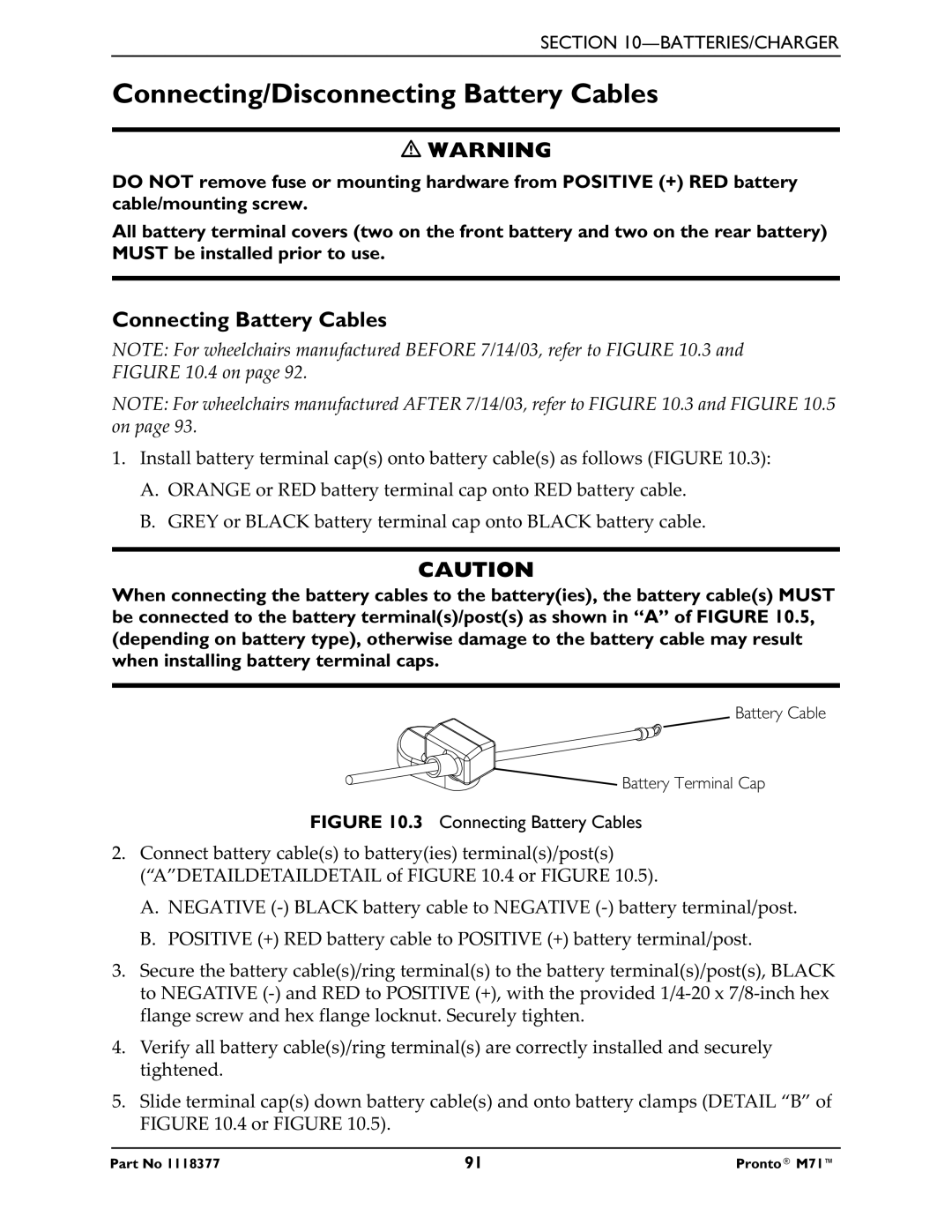 Invacare M71 service manual Connecting/Disconnecting Battery Cables, Connecting Battery Cables 