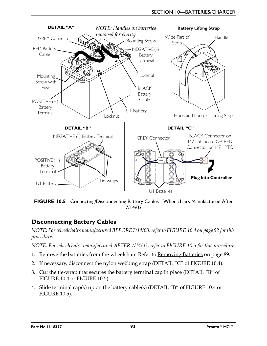 Invacare M71 service manual Disconnecting Battery Cables, Removed for clarity 