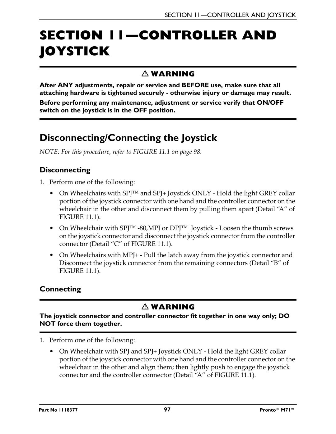 Invacare M71 service manual Controller and Joystick, Disconnecting/Connecting the Joystick 