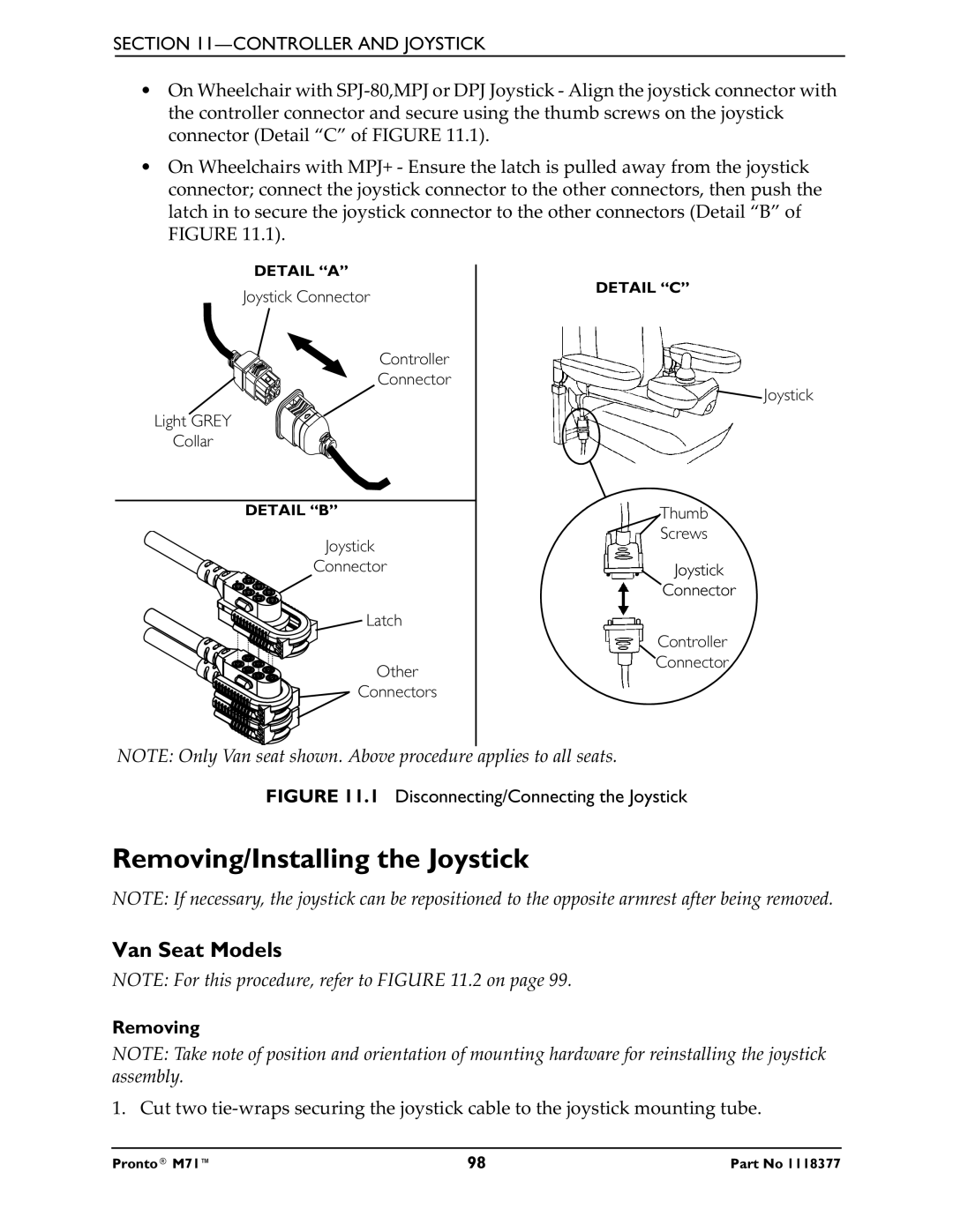 Invacare M71 service manual Removing/Installing the Joystick, Van Seat Models 