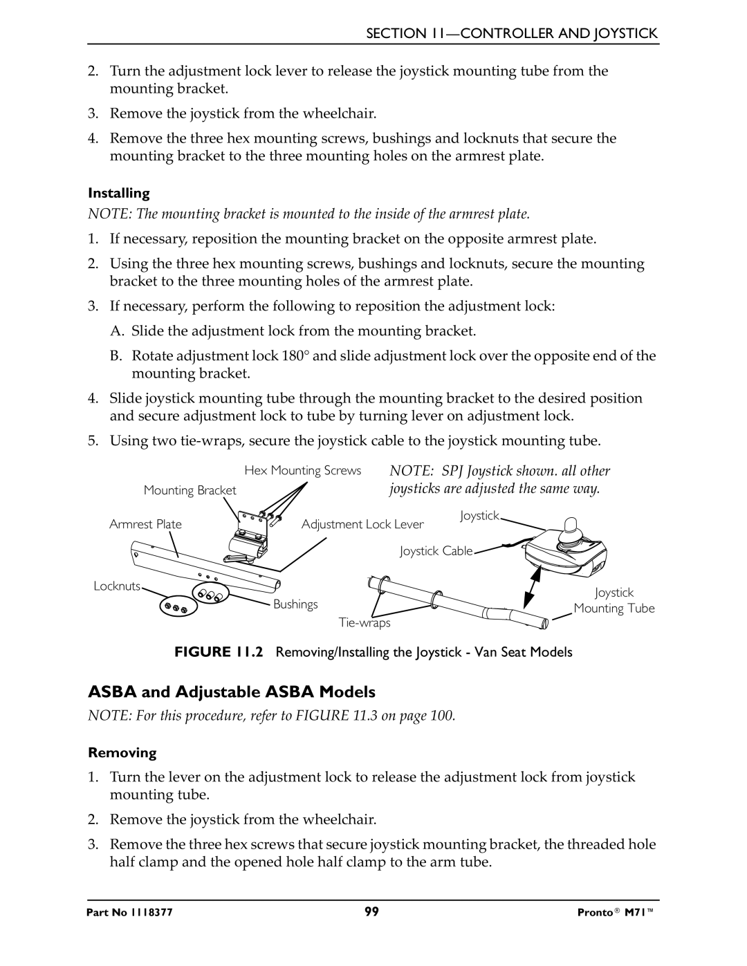 Invacare M71 service manual Asba and Adjustable Asba Models, Removing/Installing the Joystick Van Seat Models 