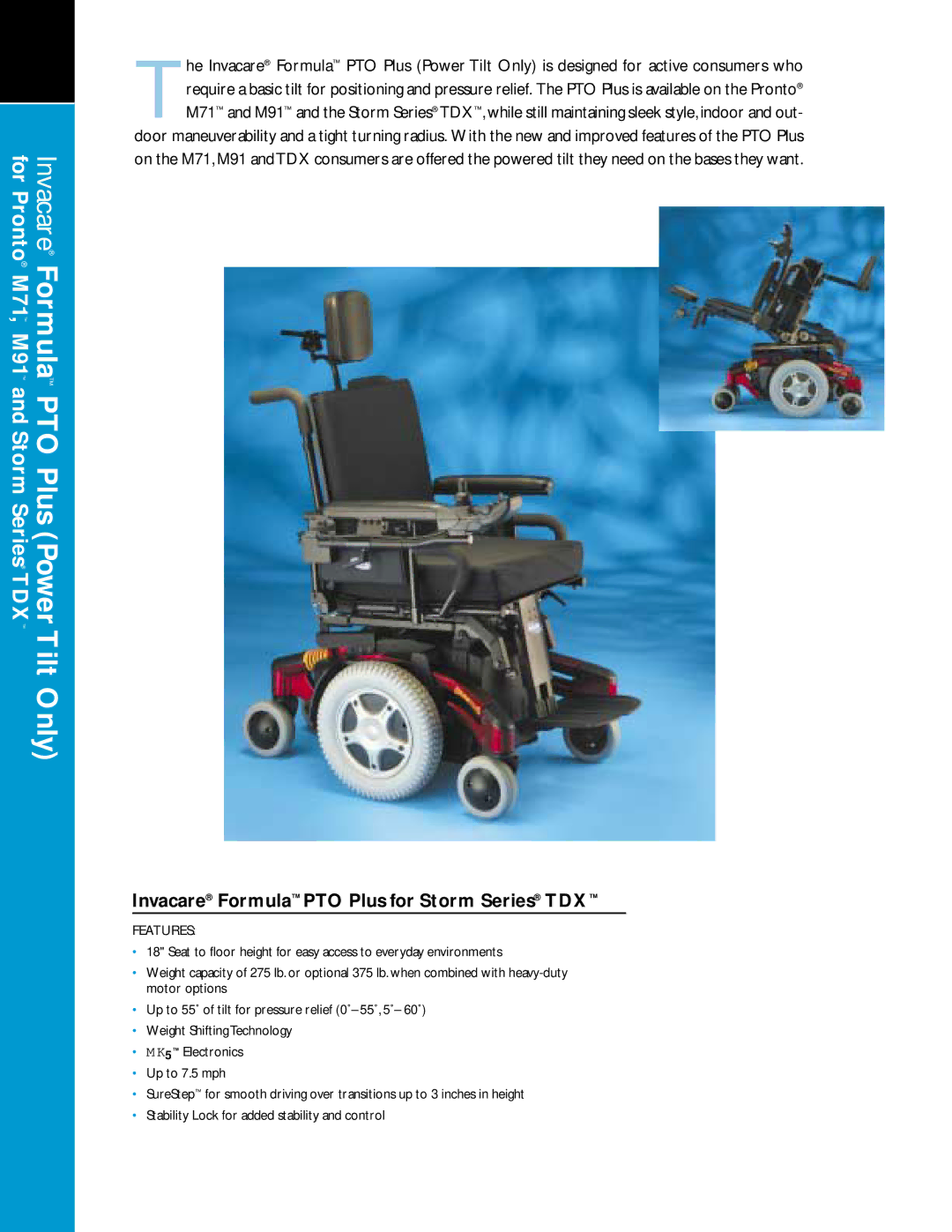 Invacare M71TM, M91TM manual Tilt Only, Invacare Formula PTO Plus for Storm Series TDX 