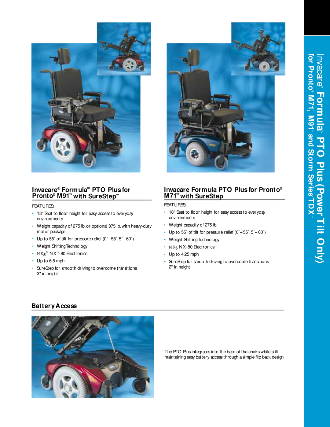 Invacare M91TM, M71TM manual Invacare Formula PTO Plus for Pronto M91 with SureStep, Battery Access 