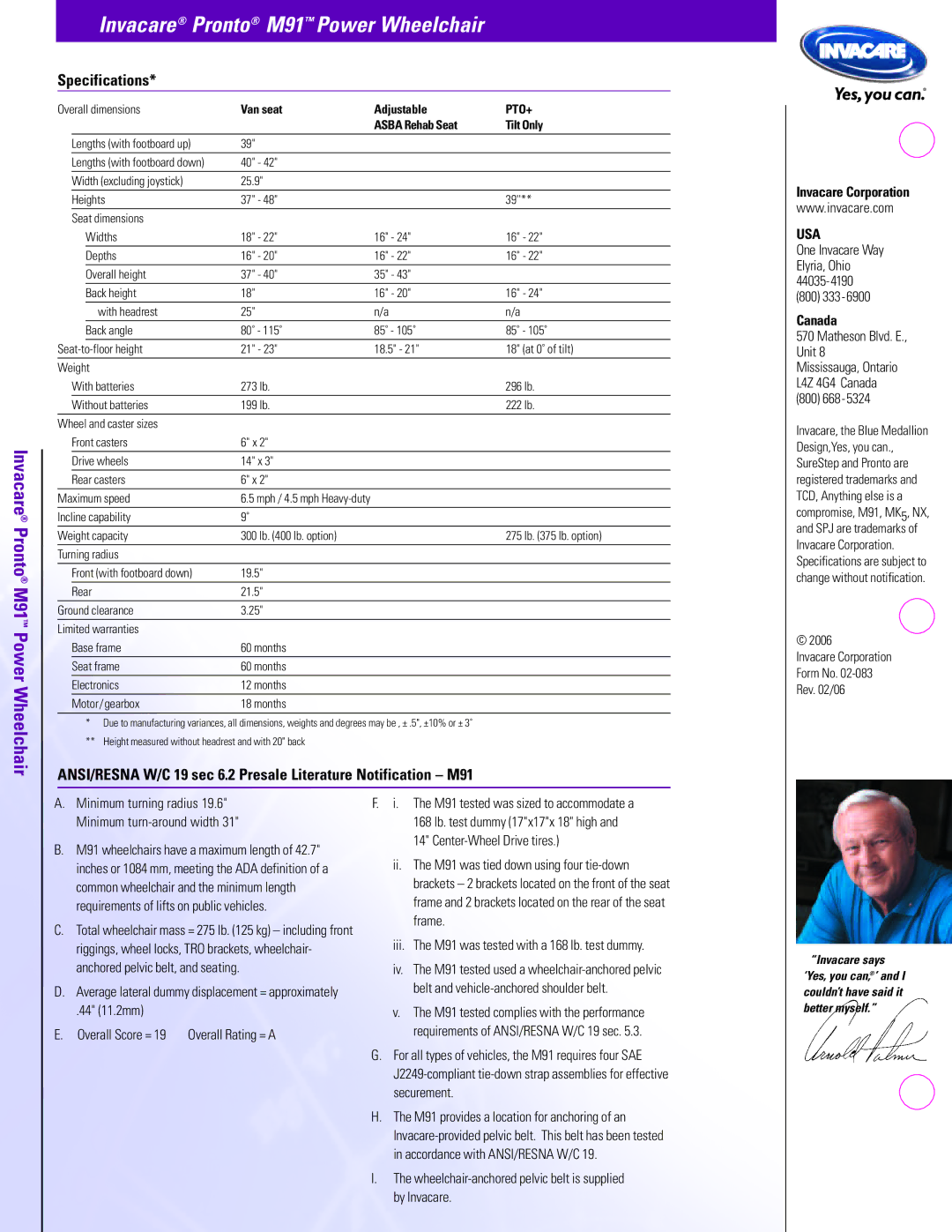 Invacare M91 manual Specifications, Invacare Corporation, Canada 