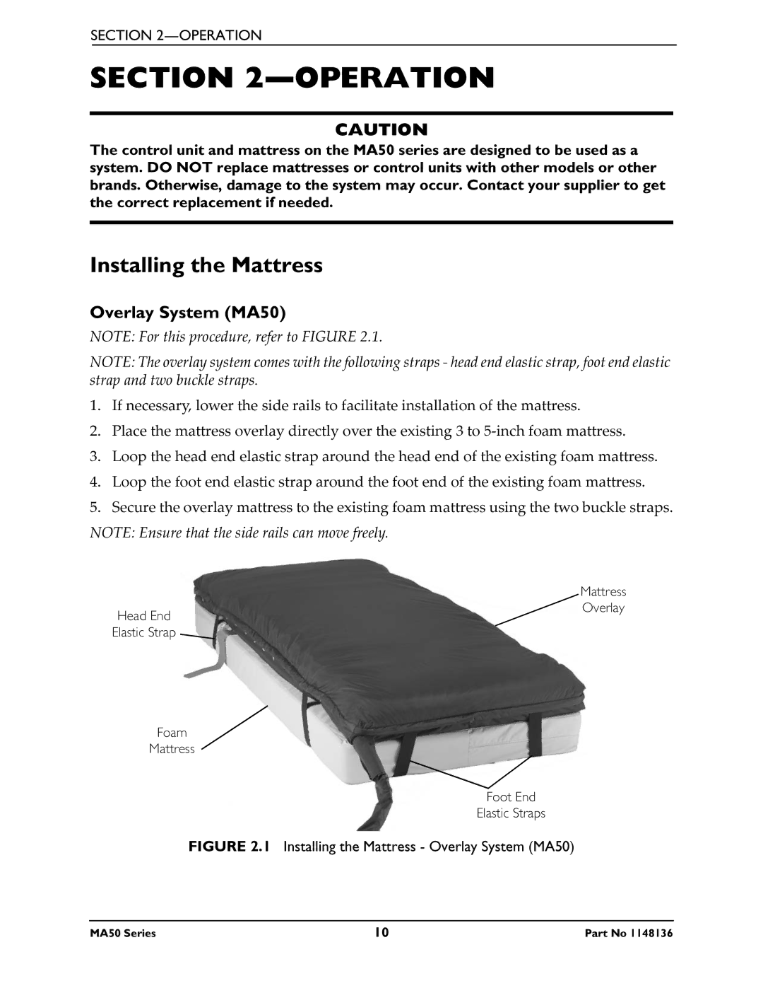 Invacare MA55, MA51 manual Operation, Installing the Mattress, Overlay System MA50 