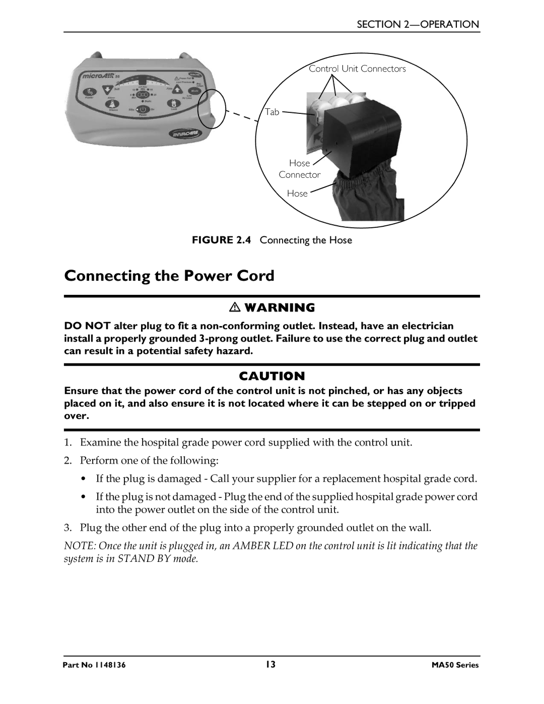 Invacare MA55, MA51, MA50 manual Connecting the Power Cord, Connecting the Hose 