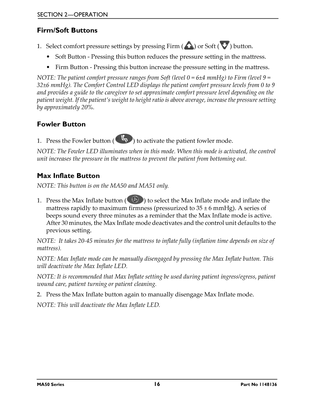 Invacare MA55, MA51, MA50 manual Firm/Soft Buttons, Fowler Button, Max Inflate Button 
