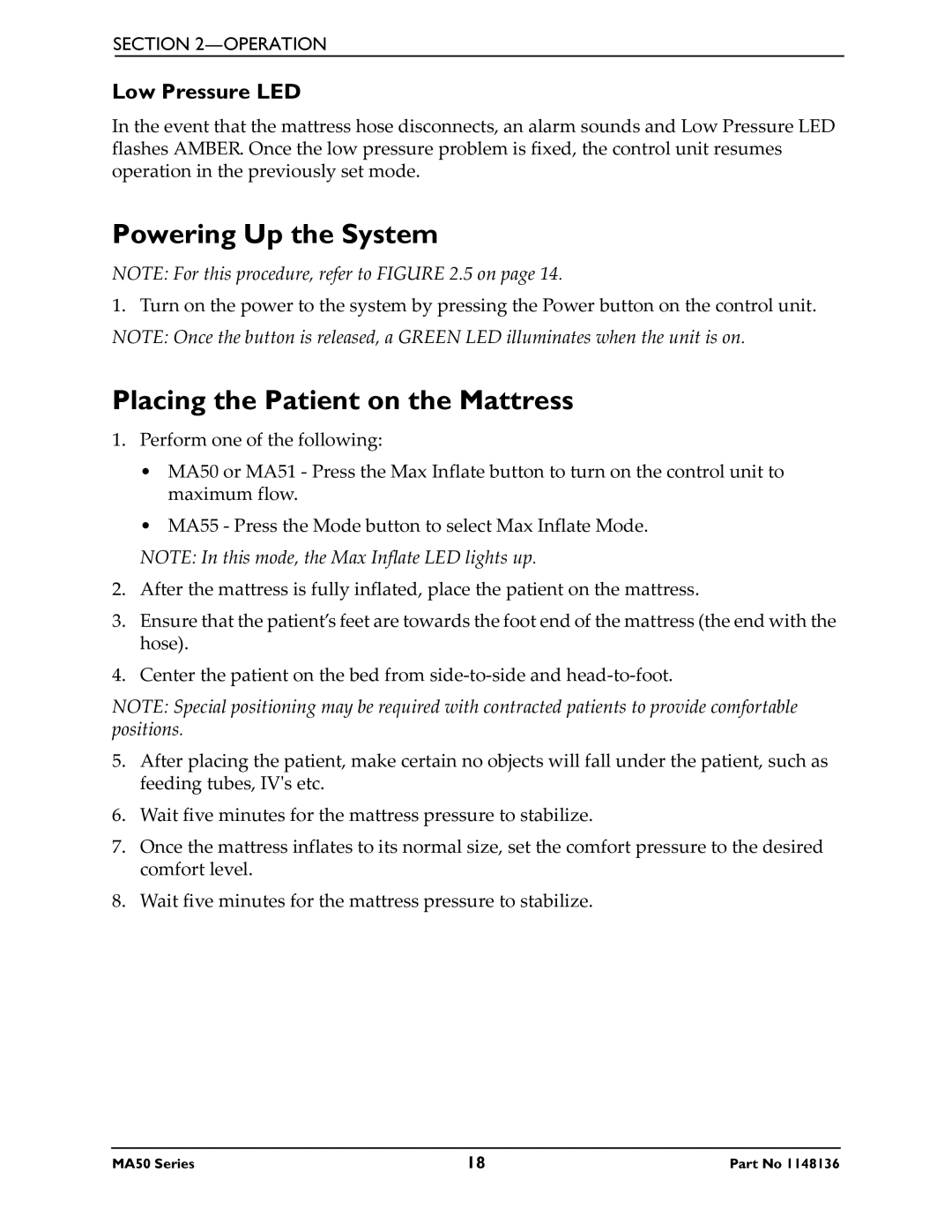 Invacare MA51, MA55, MA50 manual Powering Up the System, Placing the Patient on the Mattress, Low Pressure LED 
