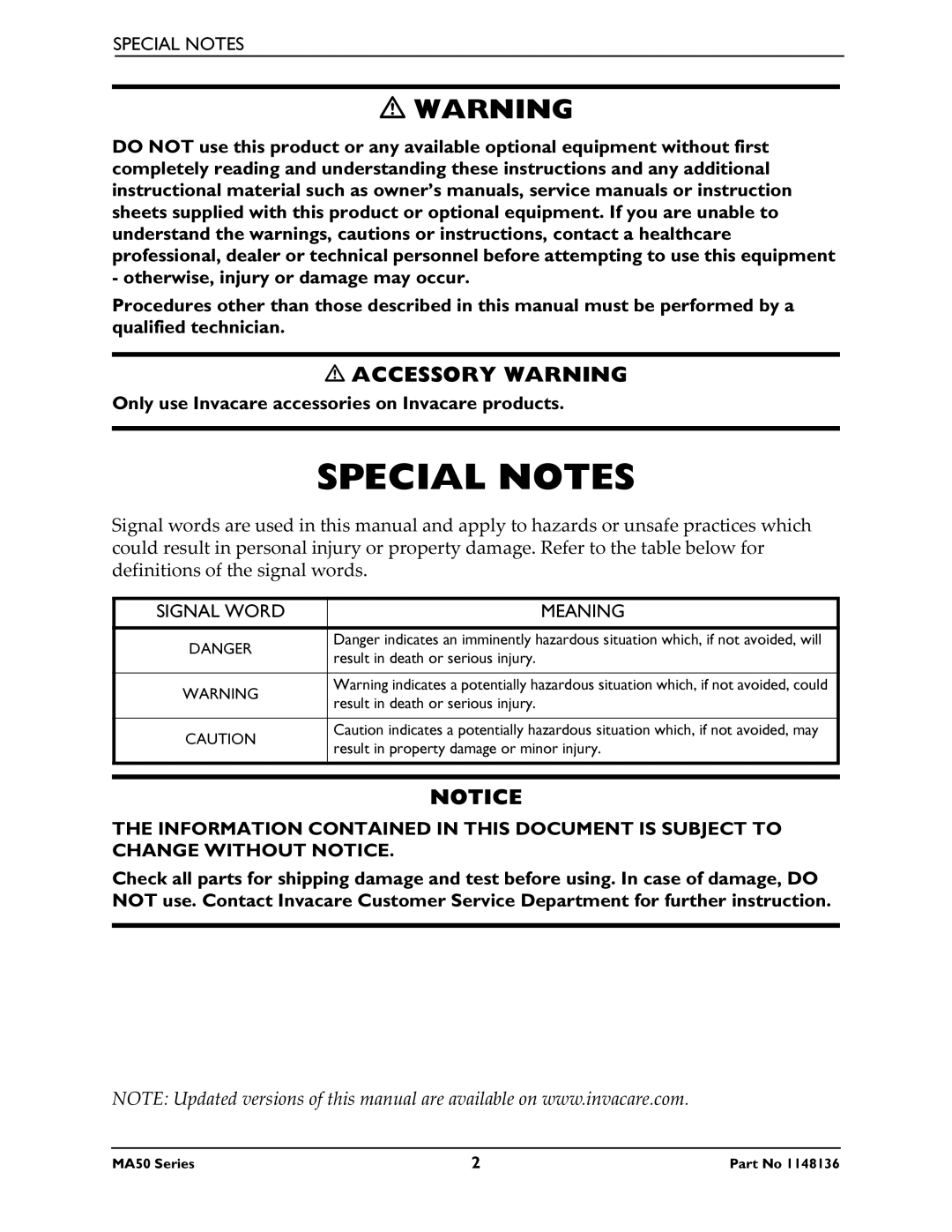 Invacare MA50, MA51, MA55 manual Special Notes, Signal Word Meaning 