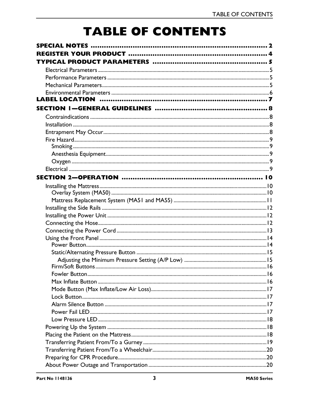 Invacare MA51, MA55, MA50 manual Table of Contents 