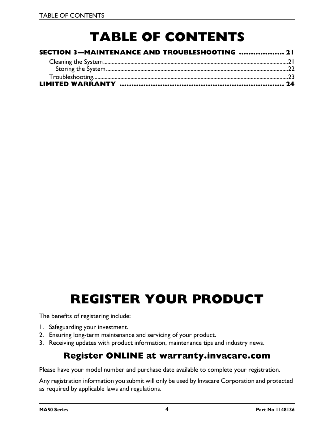 Invacare MA55, MA51, MA50 manual Register Your Product, Maintenance and Troubleshooting, Limited Warranty 