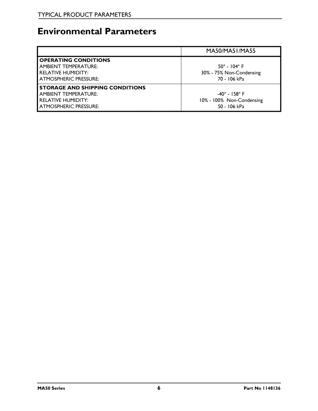 Invacare MA51, MA55, MA50 manual Environmental Parameters 