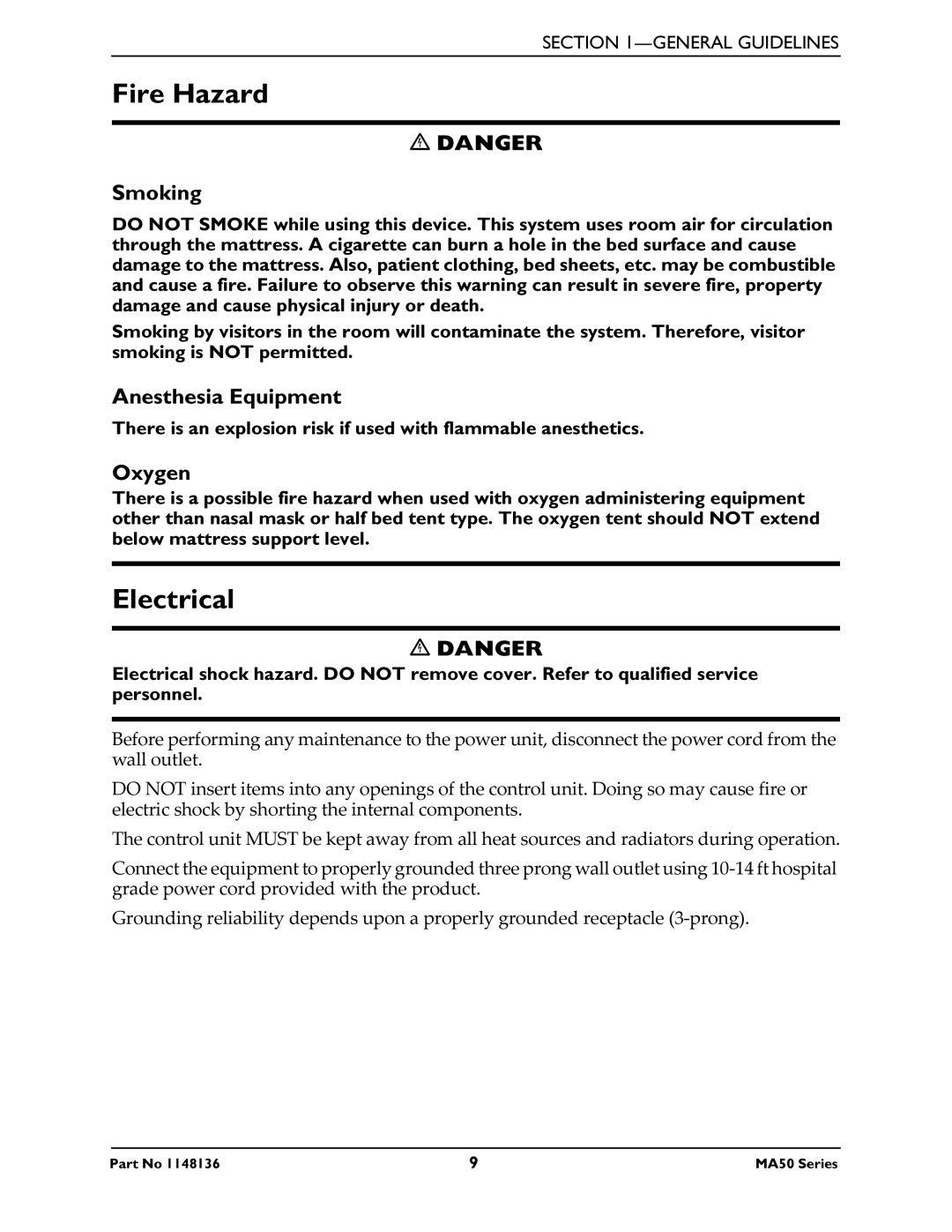 Invacare MA51, MA55, MA50 manual Fire Hazard, Electrical, Smoking, Anesthesia Equipment, Oxygen 