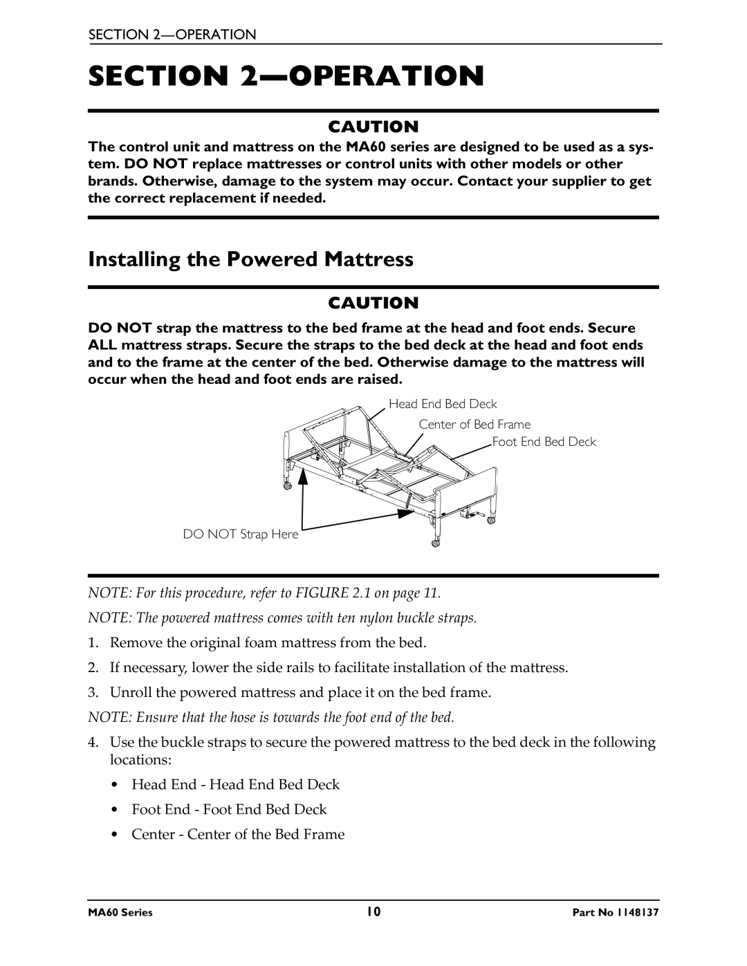 Invacare MA60, MA65 manual Operation, Installing the Powered Mattress 