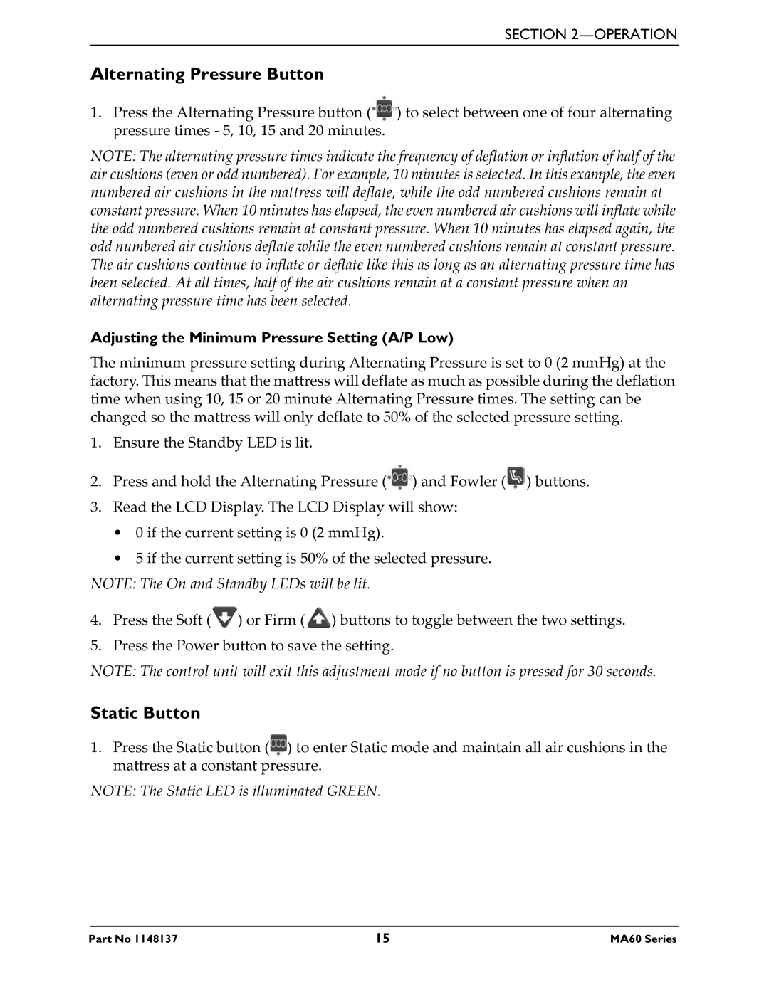 Invacare MA65, MA60 manual Alternating Pressure Button, Static Button 
