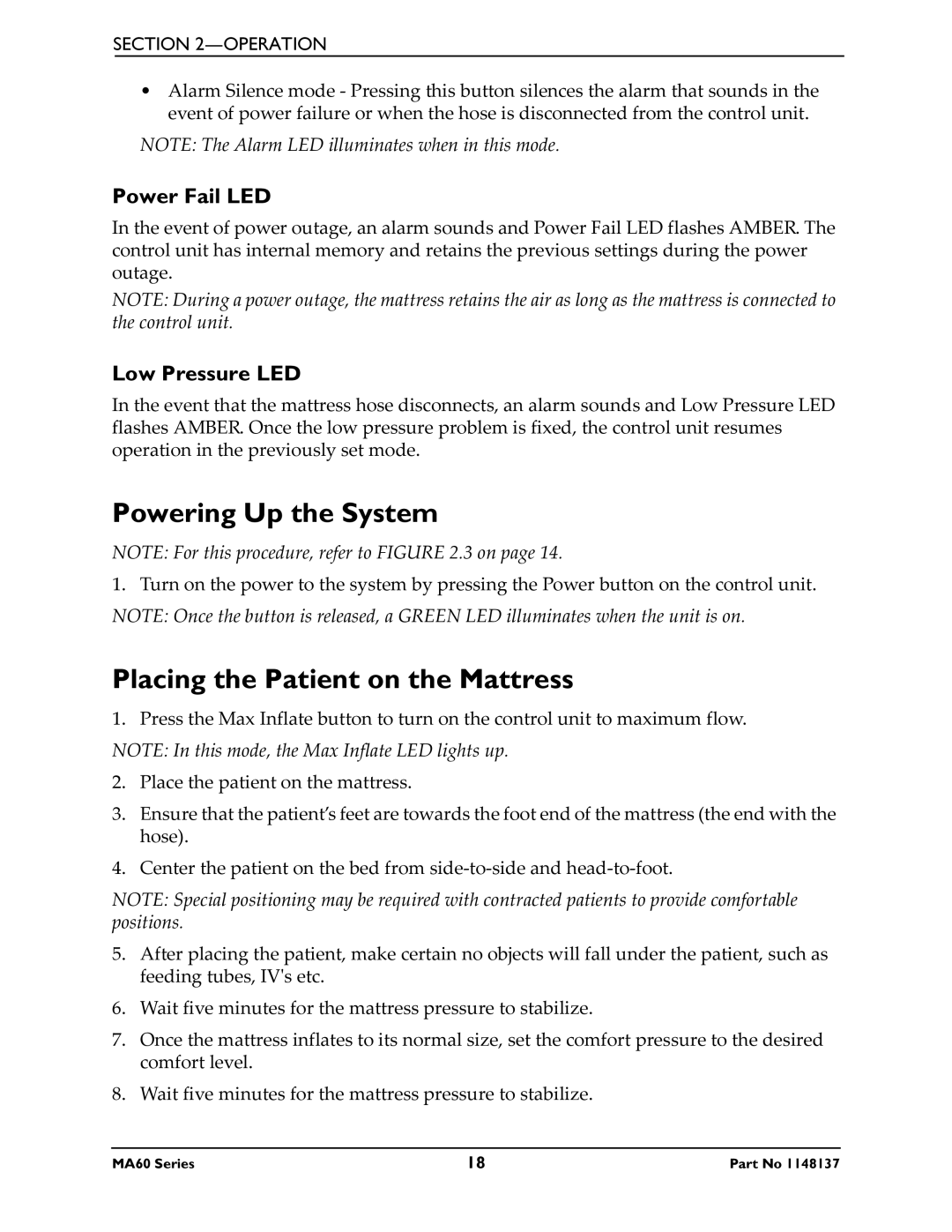 Invacare MA60, MA65 manual Powering Up the System, Placing the Patient on the Mattress, Power Fail LED, Low Pressure LED 