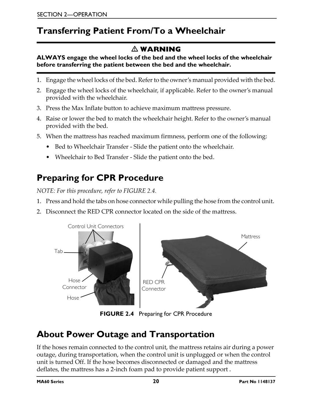 Invacare MA60, MA65 manual Transferring Patient From/To a Wheelchair, Preparing for CPR Procedure 