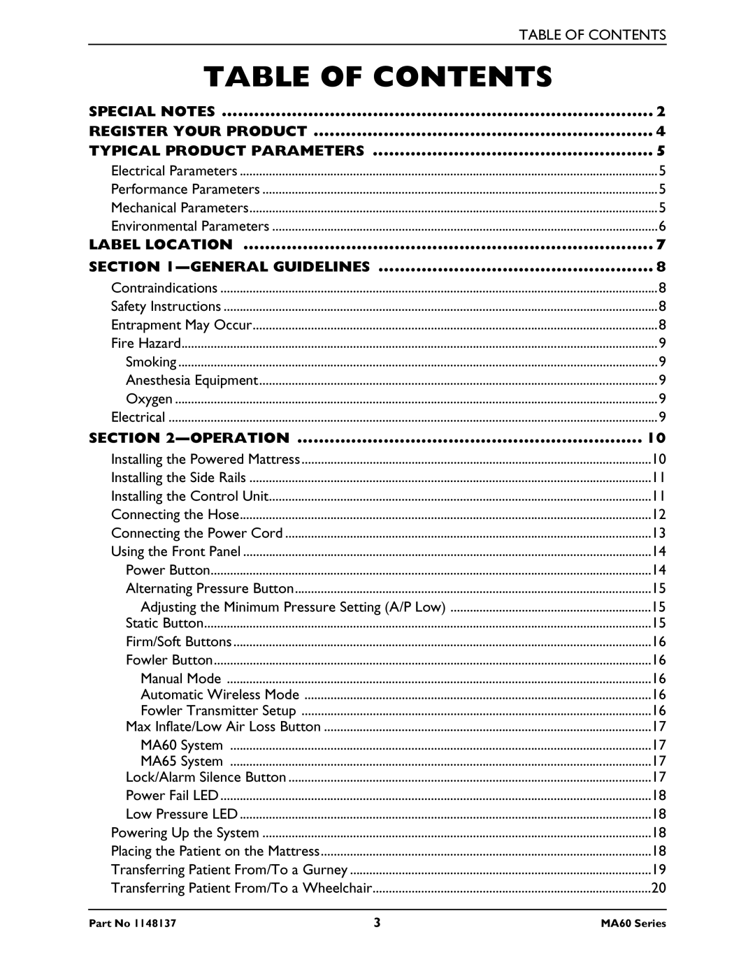 Invacare MA65, MA60 manual Table of Contents 