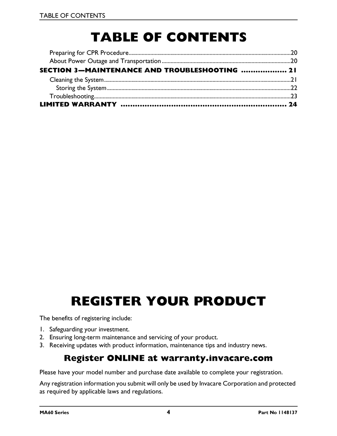 Invacare MA60, MA65 manual Register Your Product, Register Online at warranty.invacare.com 