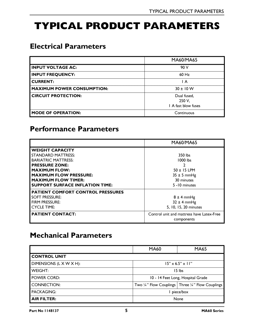 Invacare MA65, MA60 manual Typical Product Parameters, Electrical Parameters, Performance Parameters, Mechanical Parameters 