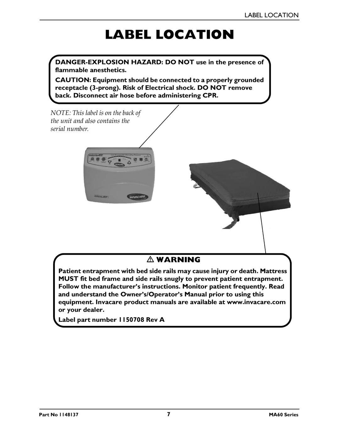 Invacare MA65, MA60 manual Label Location 