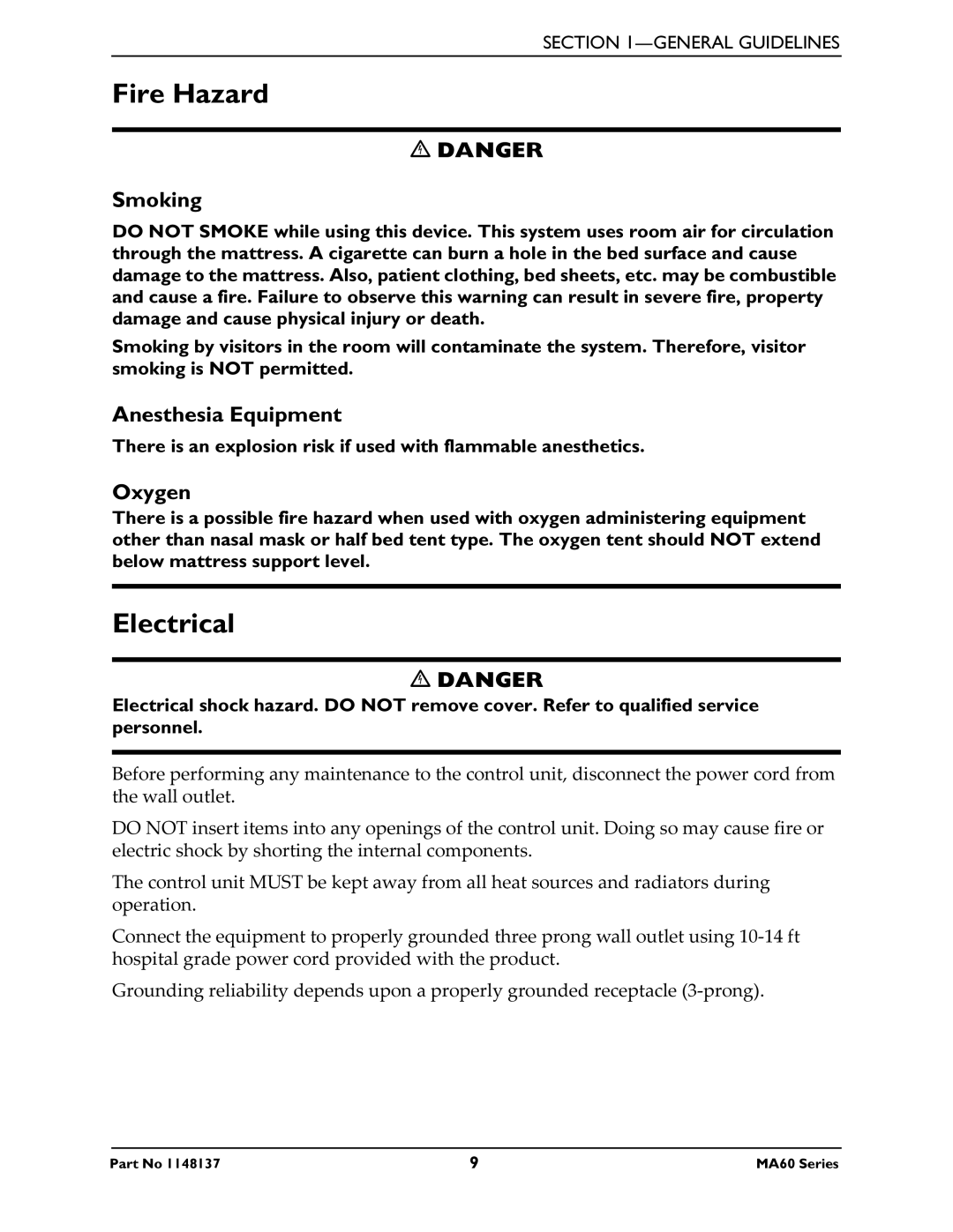 Invacare MA65, MA60 manual Fire Hazard, Electrical, Smoking, Anesthesia Equipment, Oxygen 