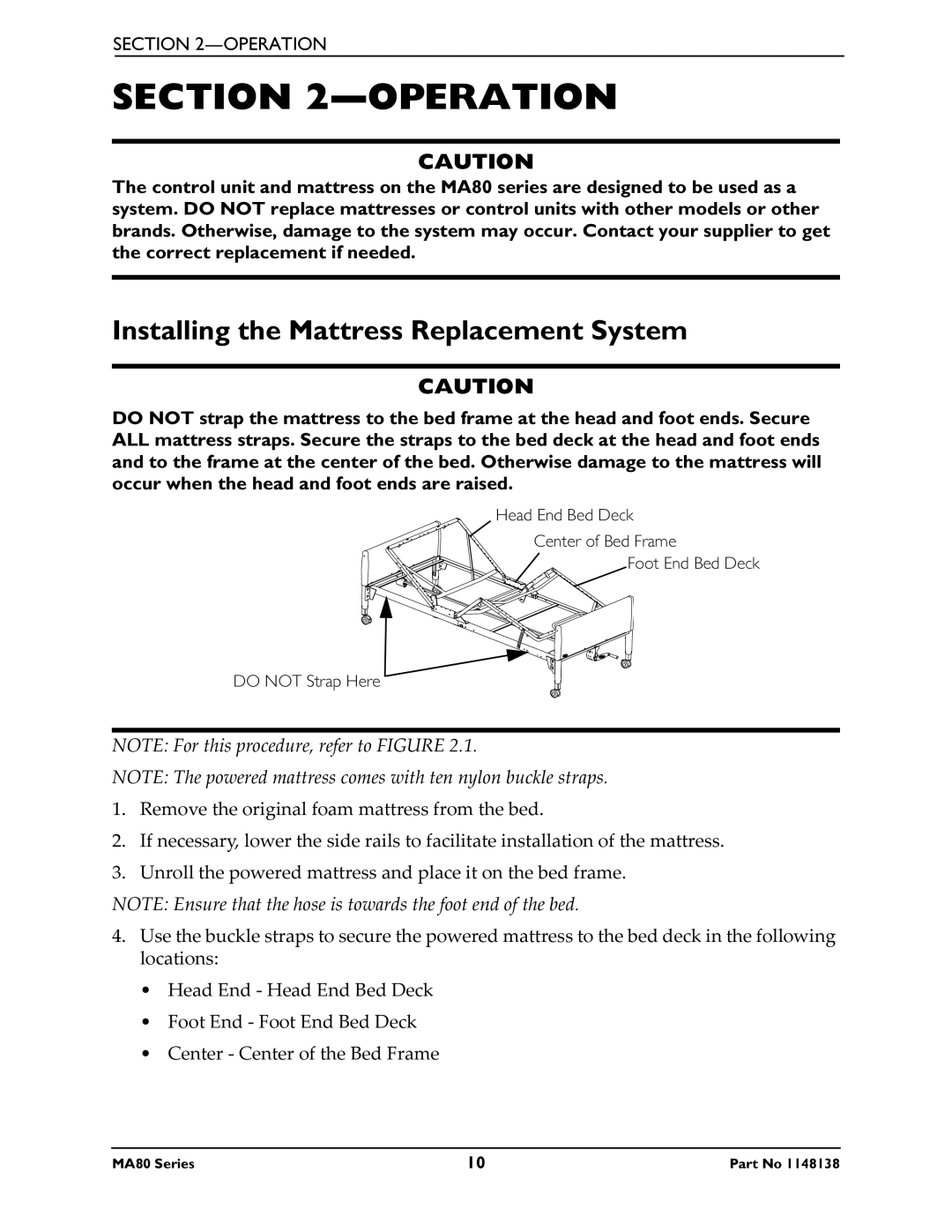 Invacare MA85, MA80 manual Operation, Installing the Mattress Replacement System 