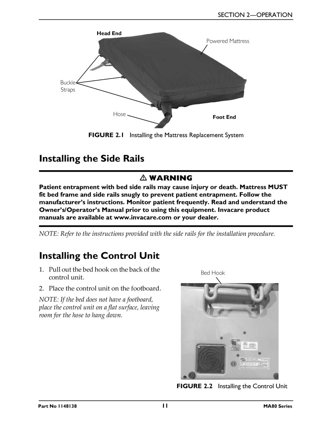 Invacare MA80, MA85 manual Installing the Side Rails Installing the Control Unit, Installing the Mattress Replacement System 