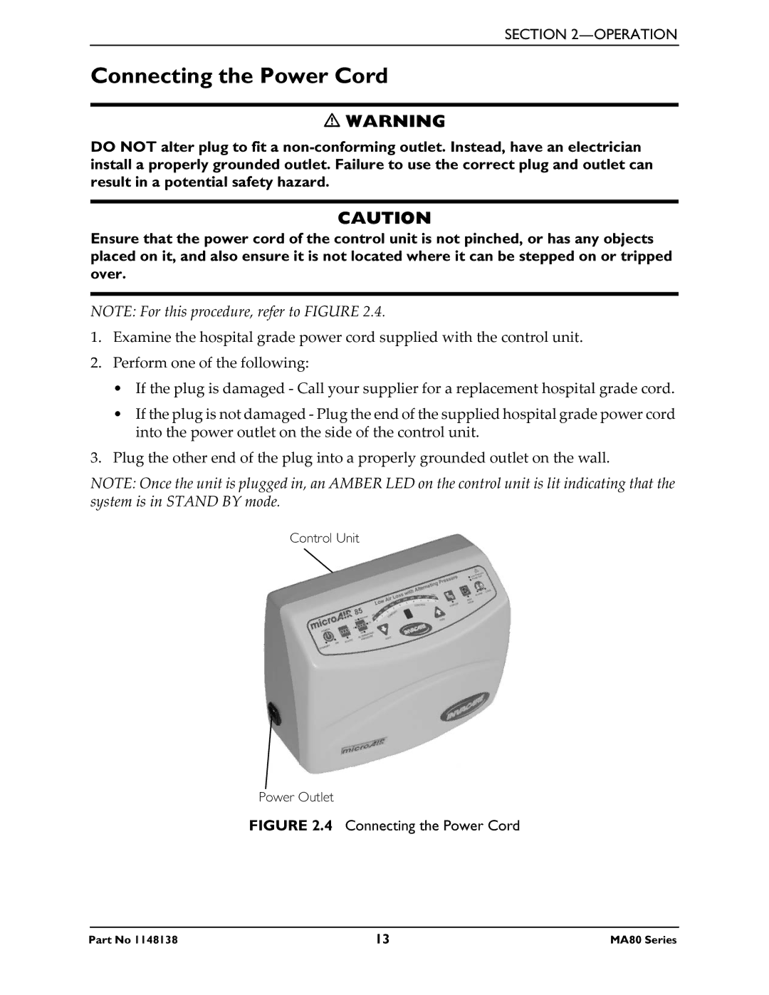 Invacare MA80, MA85 manual Connecting the Power Cord 