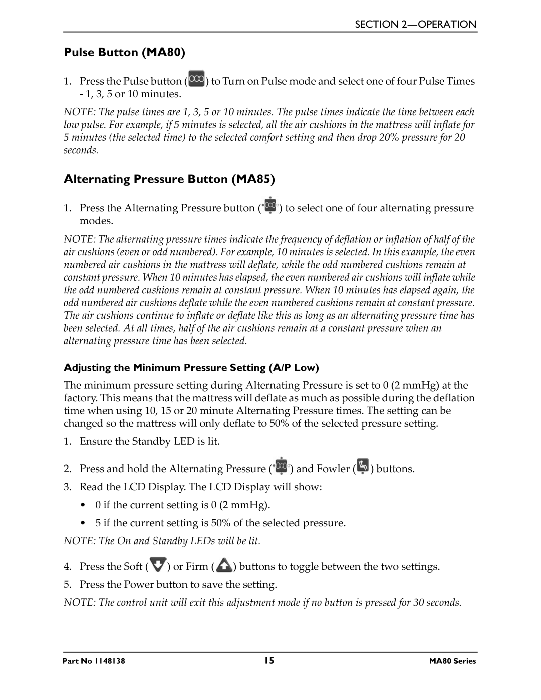 Invacare manual Pulse Button MA80, Alternating Pressure Button MA85 